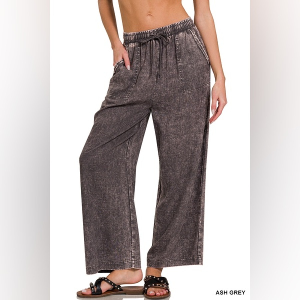 NWT - Zenana ACID WASH LINEN BLEND ELASTIC BAND WAIST PANTS in Ash Gray